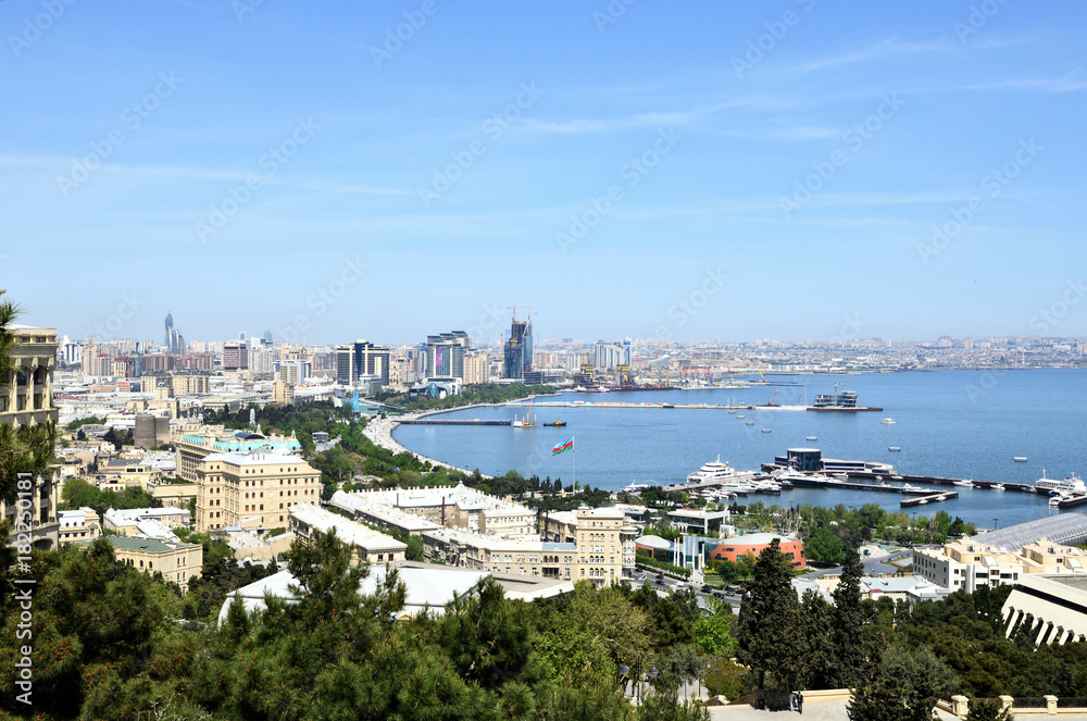 Baku.Azerbaijan.Panorama.View on the coastal bay of the capital on the Caspian Sea.