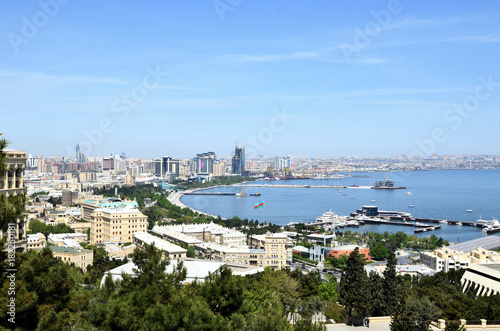 Baku.Azerbaijan.Panorama.View on the coastal bay of the capital on the Caspian Sea.
