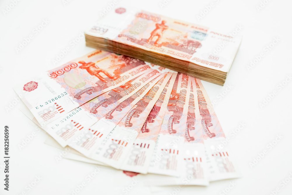 Russian banknote. 5000 rubles on white background. Flat lay, top view Russian banknote. 5000 rubles on white background. Flat lay, top view