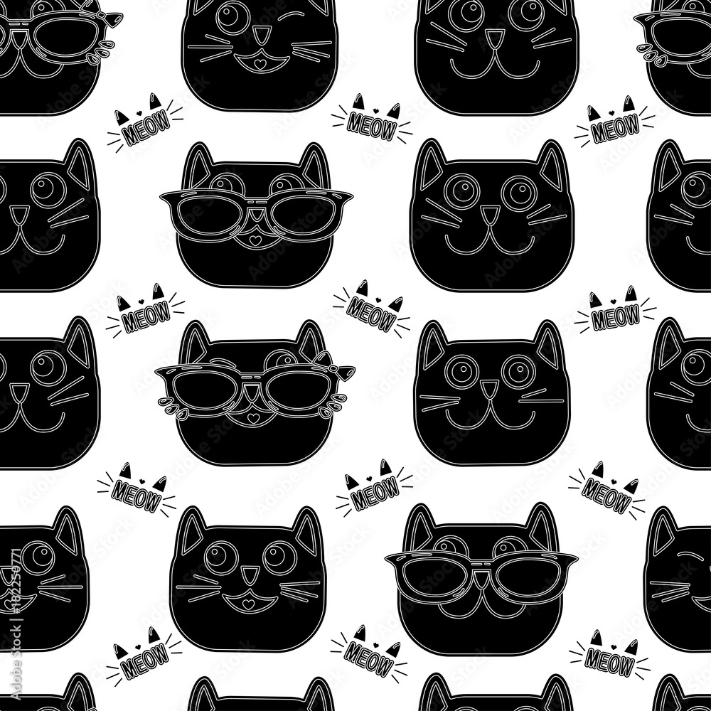Abstract seamless cats pattern on white background with monochrome face. Cute childish repeated backdrop for child, wrapping paper. pet and dots wallpaper. Set of colorful cats faces with glass Abstract seamless cats pattern on white background with monochrome face. Cute childish repeated backdrop for child, wrapping paper. pet and dots wallpaper. Set of colorful cats faces with glass