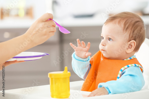 Mother feeding baby with sp...