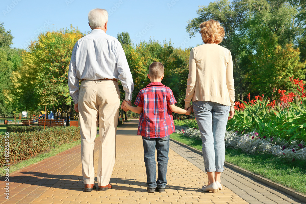 Elderly couple with grandson walking in park Elderly couple with grandson walking in park