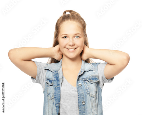 Cute teenager girl on white...