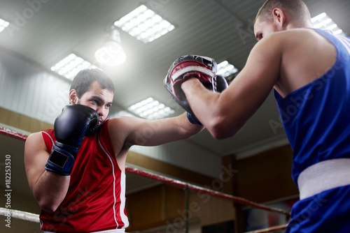 Boxing. Two guys boxer train in the gym © amixstudio
