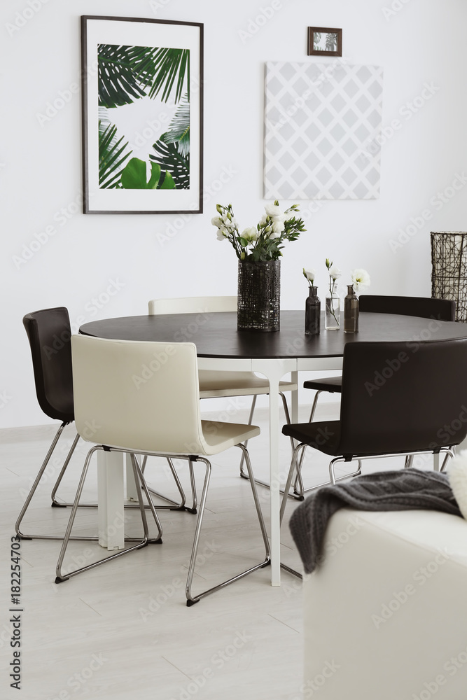 Modern room interior with big table and chairs