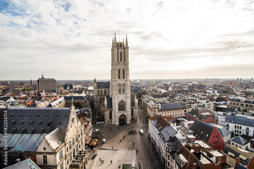 GHENT, BELGIUM - November, 2017: Aerial view of Architecture of Ghent city center. Ghent is medieval city and point of tourist destination in Belgium.