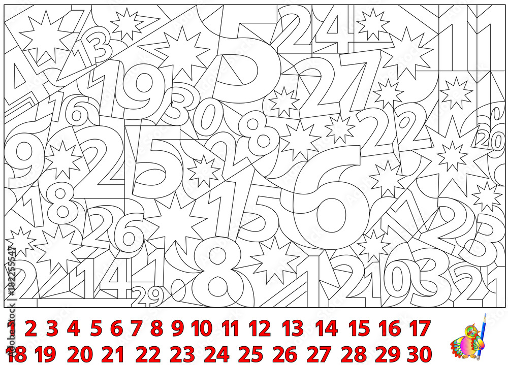 Logic puzzle game. Find the numbers hidden in the picture and paint them.  Worksheet page for children and adults. Vector image. Stock Vector | Adobe  Stock