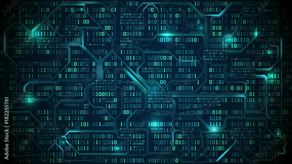 Abstract futuristic electronic circuit board with binary code, neural network and big data - an element of artificial intelligence, matrix background with digits, seamless loop