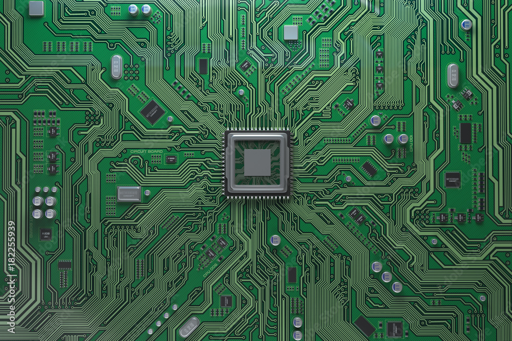Computer motherboard with CPU. Circuit board system chip with core processor. Computer technology background. | Adobe Stock