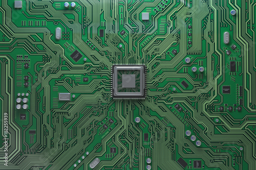 Computer motherboard with CPU. Circuit board system chip with core processor. Computer technology background.