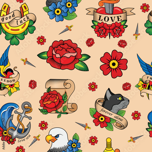 Abstract seamless tattoo pattern for girls, boys, clothes. Creative vector tattoo background with flower, sword, bird, anchor. Funny pattern wallpaper for textile and fabric. Fashion tattoo style.