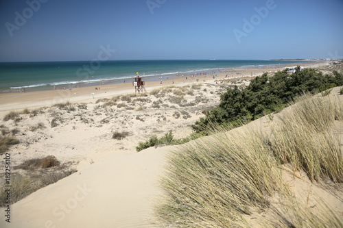 Wooden Path  Stairs On Beach Dunes In Tarifa  Andalusia  Spain. Holiday vacation background.
