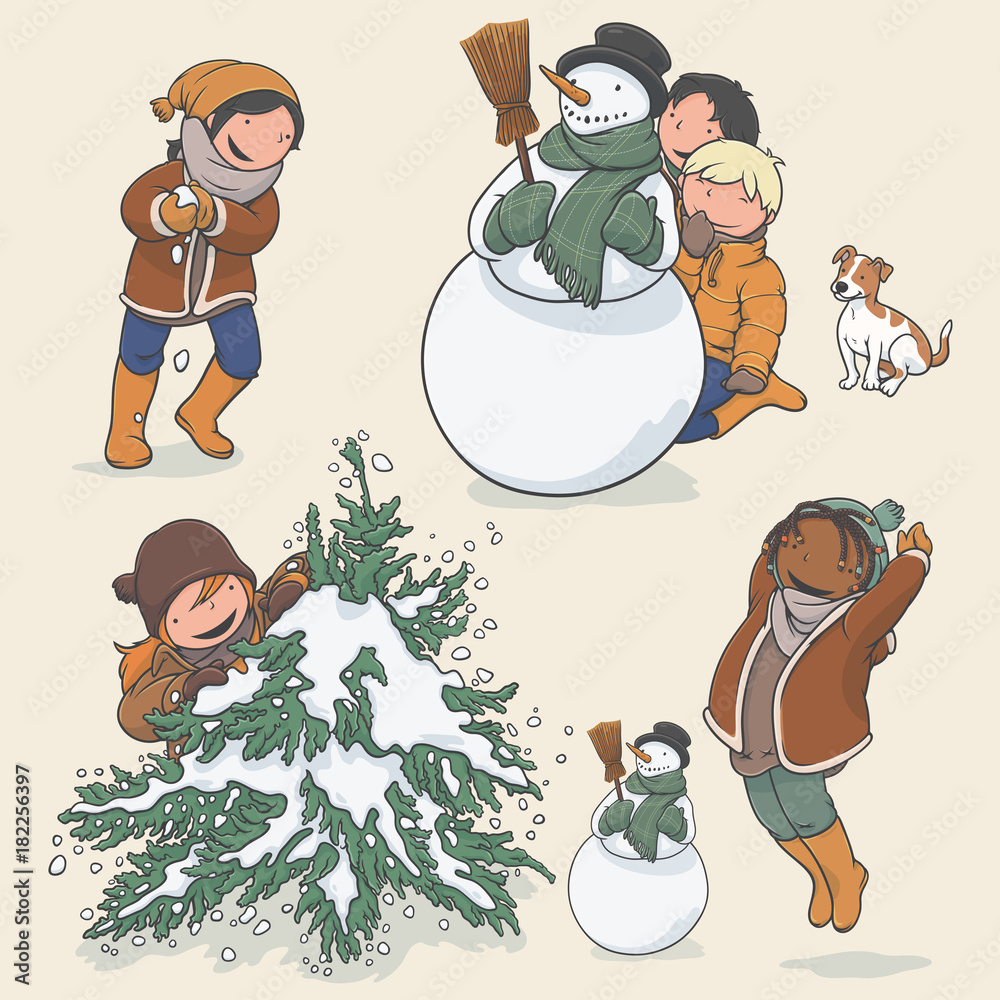Naklejka premium Children Playing in the Snow Set, Kids, Dog, Snowman with Broom, Winter Games Theme, Character Design Collection, Vector Illustration