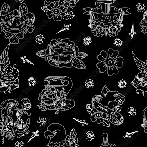 Abstract seamless tattoo pattern for girls, boys, clothes. Creative vector tattoo background with flower, sword, bird, anchor. Funny pattern wallpaper for textile and fabric. Fashion tattoo style.