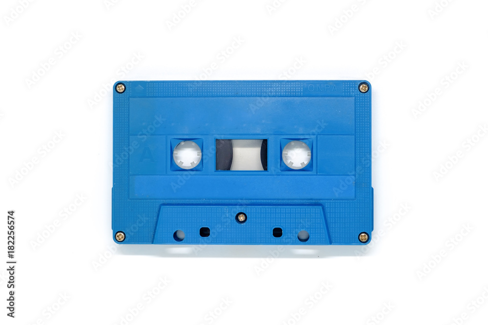 Blue retro cassette tape on white background