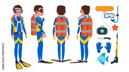 Diver Vector. Underwater. Diving At The Bottom Of The Sea. Flat Cartoon Illustration