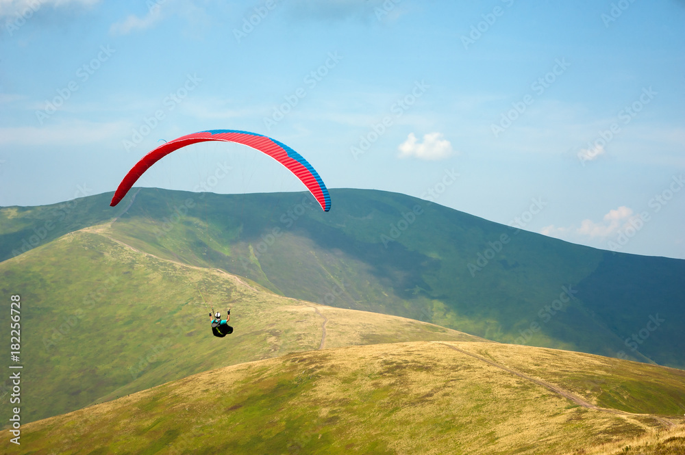 Paraglider flies over a mountain valley on a sunny summer day. Paragliding in the Carpathians in the summer.