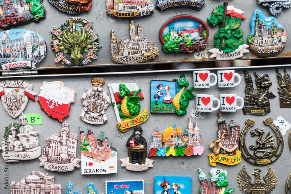 Naklejka premium Artistic magnets souvenir fron Cracow at local traditional market.
