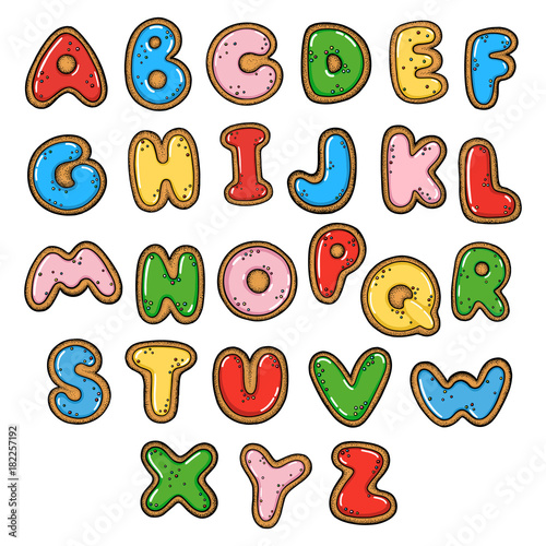 Hand drawn vector gingerbread cookie alphabet isolated on white background