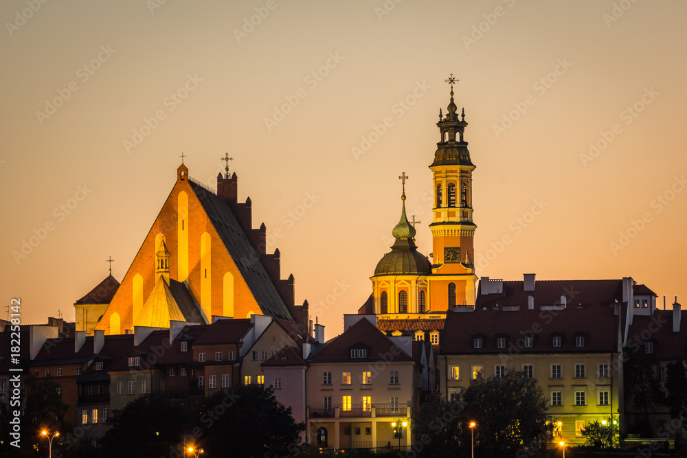Dusk over the old town and Vistula river in Warsaw, Poland