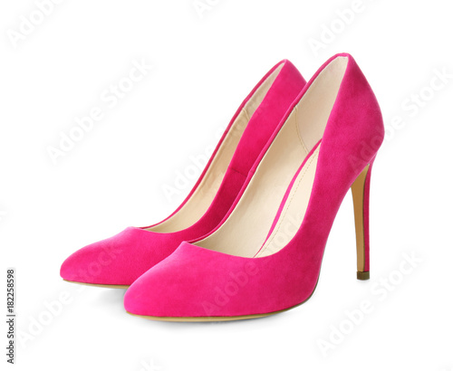 Pair of classic female shoes on white background