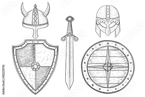 Warrior weapons - old medieval shields, helmets, sword. Hand drawn sketch