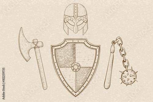 Viking armor set - helmet, shield, flail and axe. Hand drawn sketch on beige background