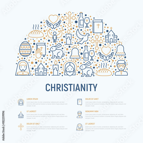 Christianity concept in half circle with thin line icons of priest, church, nun, crucifixion, Jesus, bible, dove. Vector illustration for banner, web page, print media.