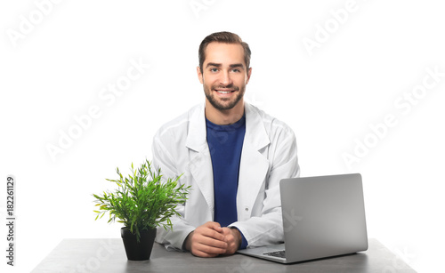 Young pharmacist with lapto...