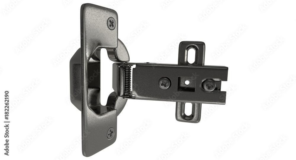 3D rendering - standard door hinge used in furniture and carpentry isolated on a white background. 3D rendering - standard door hinge used in furniture and carpentry isolated on a white background.