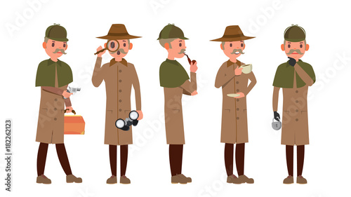 Classic Detective Vector. Retro Professional Funny Snoop, Shamus. Loking Through Magnifying Glass. Sleuthing, Disguising. Flat Cartoon Illustration