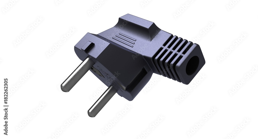 3D rendering - black plug from the electric power cable isolated on white background. 3D rendering - black plug from the electric power cable isolated on white background.