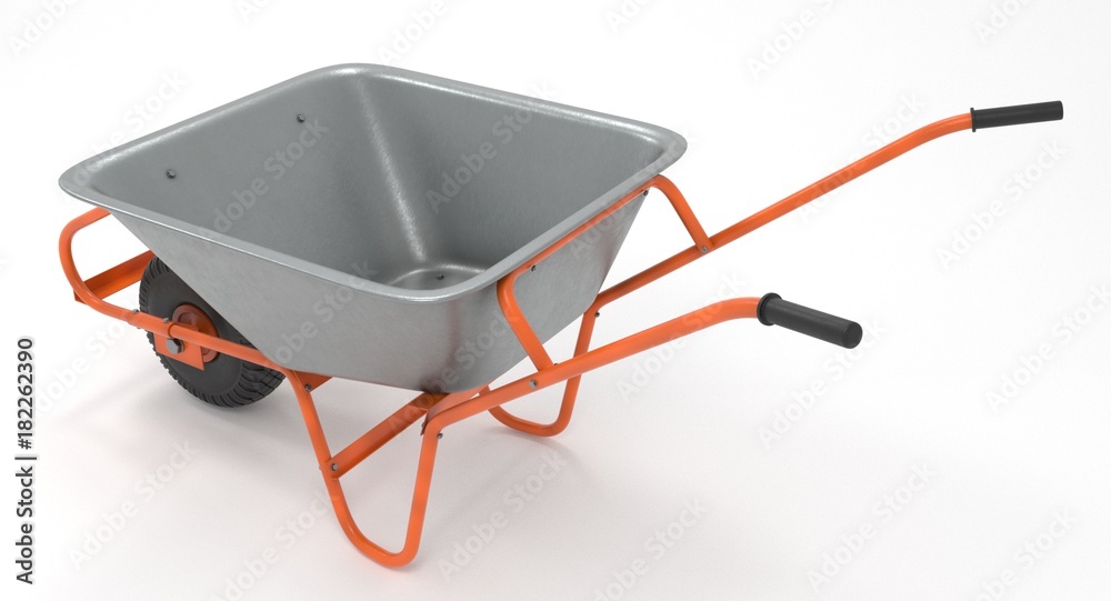3D rendering - garden metal wheelbarrow with orange handles isolated on white background. 3D rendering - garden metal wheelbarrow with orange handles isolated on white background.