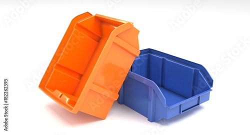 3D rendering - orange and blue plastic storage bins isolated on white background.