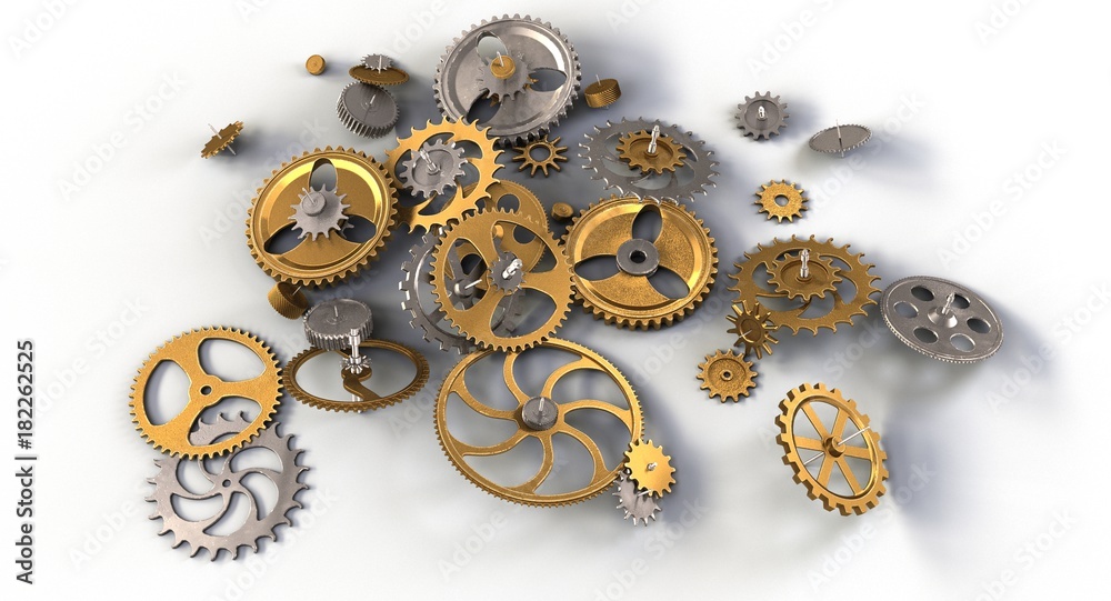 Fototapeta premium 3D rendering - group of bronze and steel gears isolated on white background.