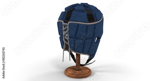 3D rendering - blue rugby headgear on wooden stand isolated on a white background.