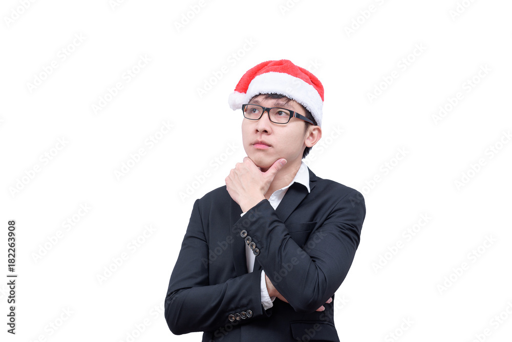 Business man has thinking new idea and target with Christmas festival themes isolated on white background. Business man has thinking new idea and target with Christmas festival themes isolated on white background.