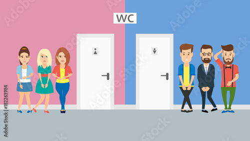 queue of men and women  at the toilet doors