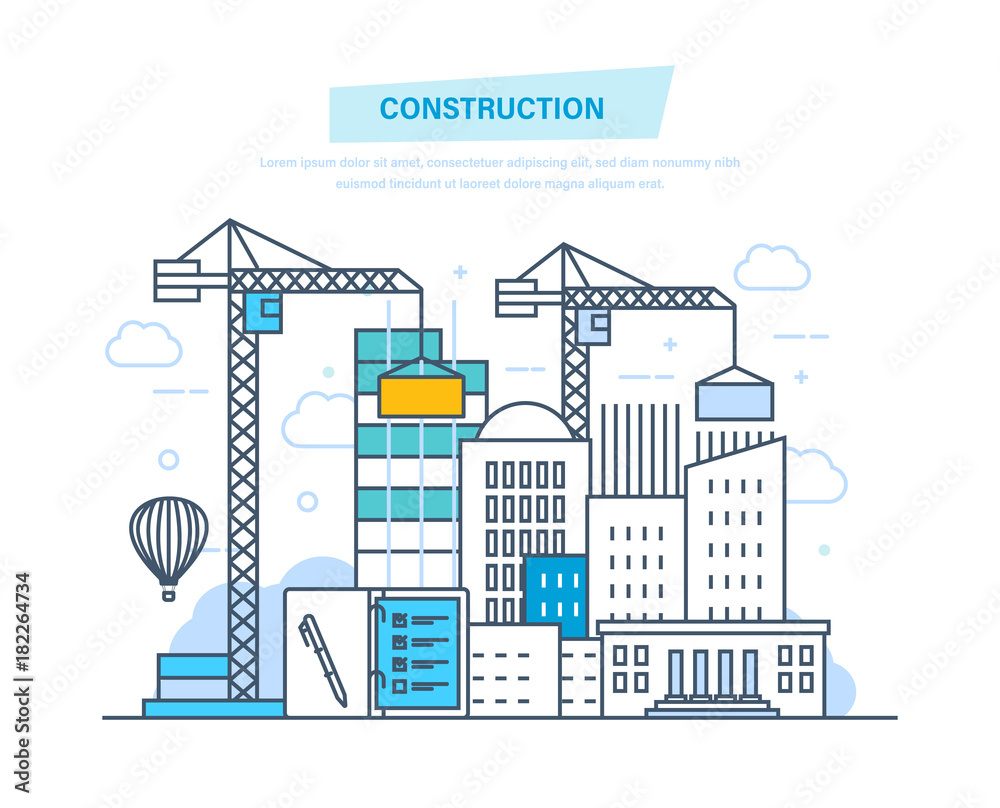 Construction building. Architectural building work process houses with ...