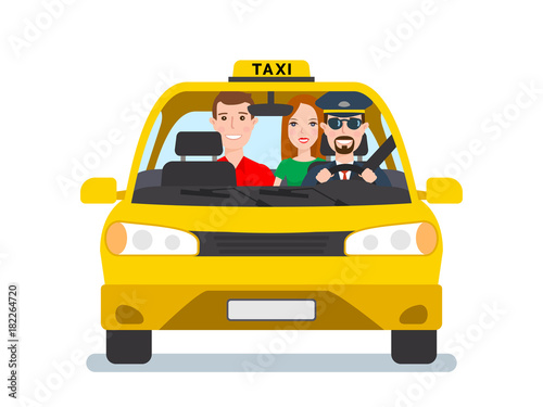 taxi driver and passengers in car front view