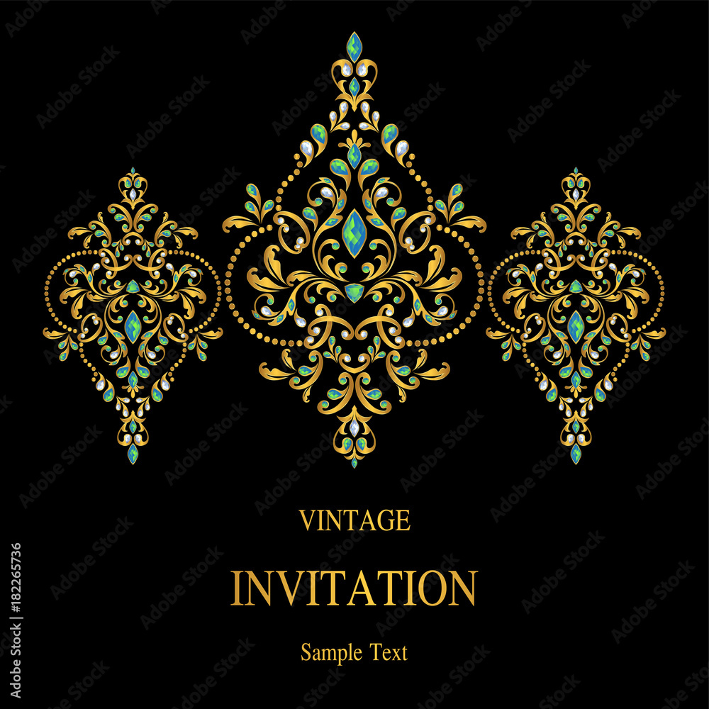 Wedding Invitation card templates with gold patterned and crystals on background color. 
