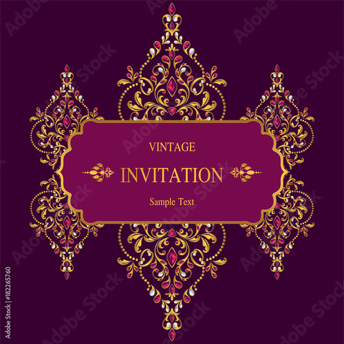 Wedding Invitation card templates with gold patterned and crystals on background color. 