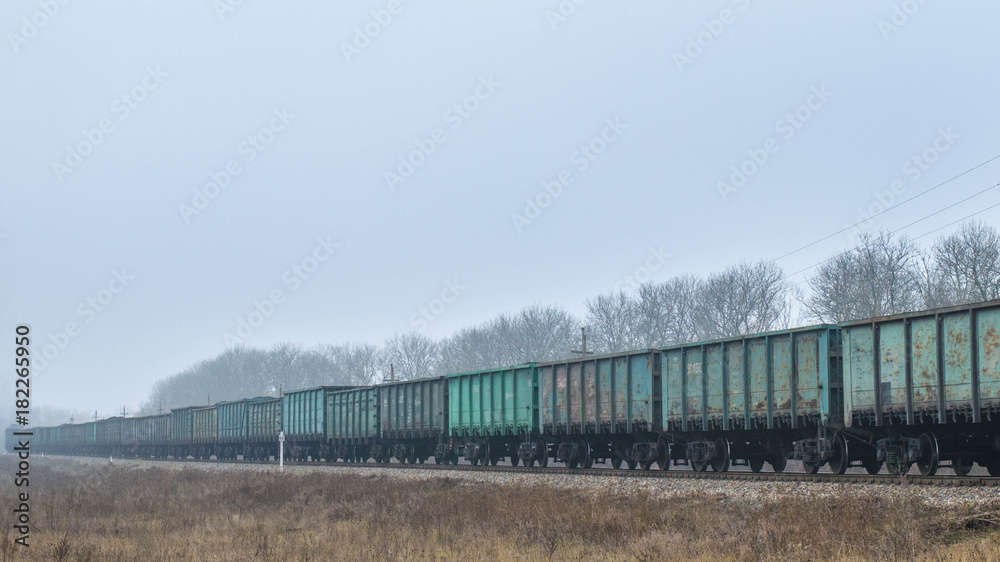 Freight train, railway wagons with motion blur effect. Transportation, railroad