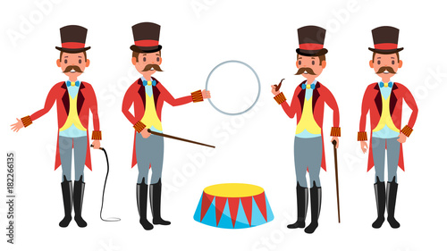 Circus Trainer Vector. Whip In His Hand. Classic Black Hat. Retro Flat Cartoon Illustration