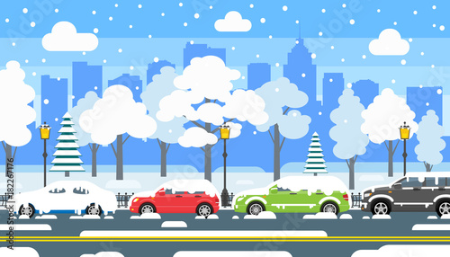 winter urban landscape. city street covered with snow