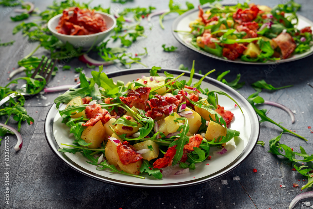 Fresh crispy Bacon, Potato salad with green vegetable on plate Fresh crispy Bacon, Potato salad with green vegetable on plate