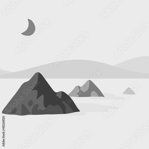 mountain and lake in the night with moon vector illustration isolated on white background. editable shades of gray artwork.