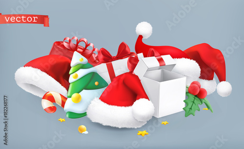 Santa hat, christmas tree and gifts. 3d vector icon