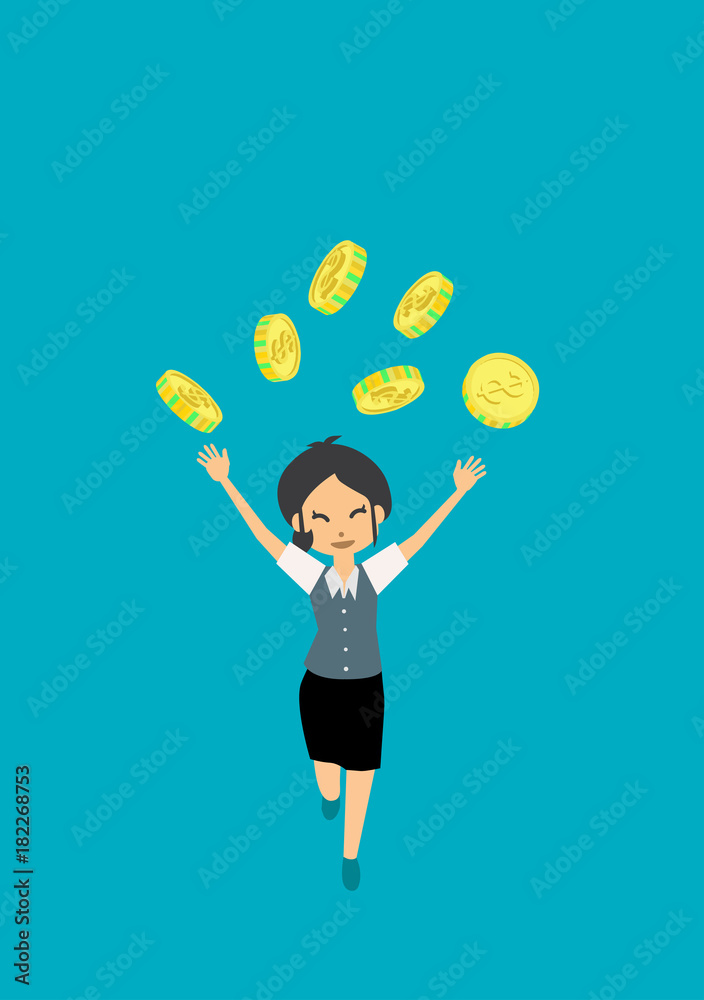 happy businesswoman with coins