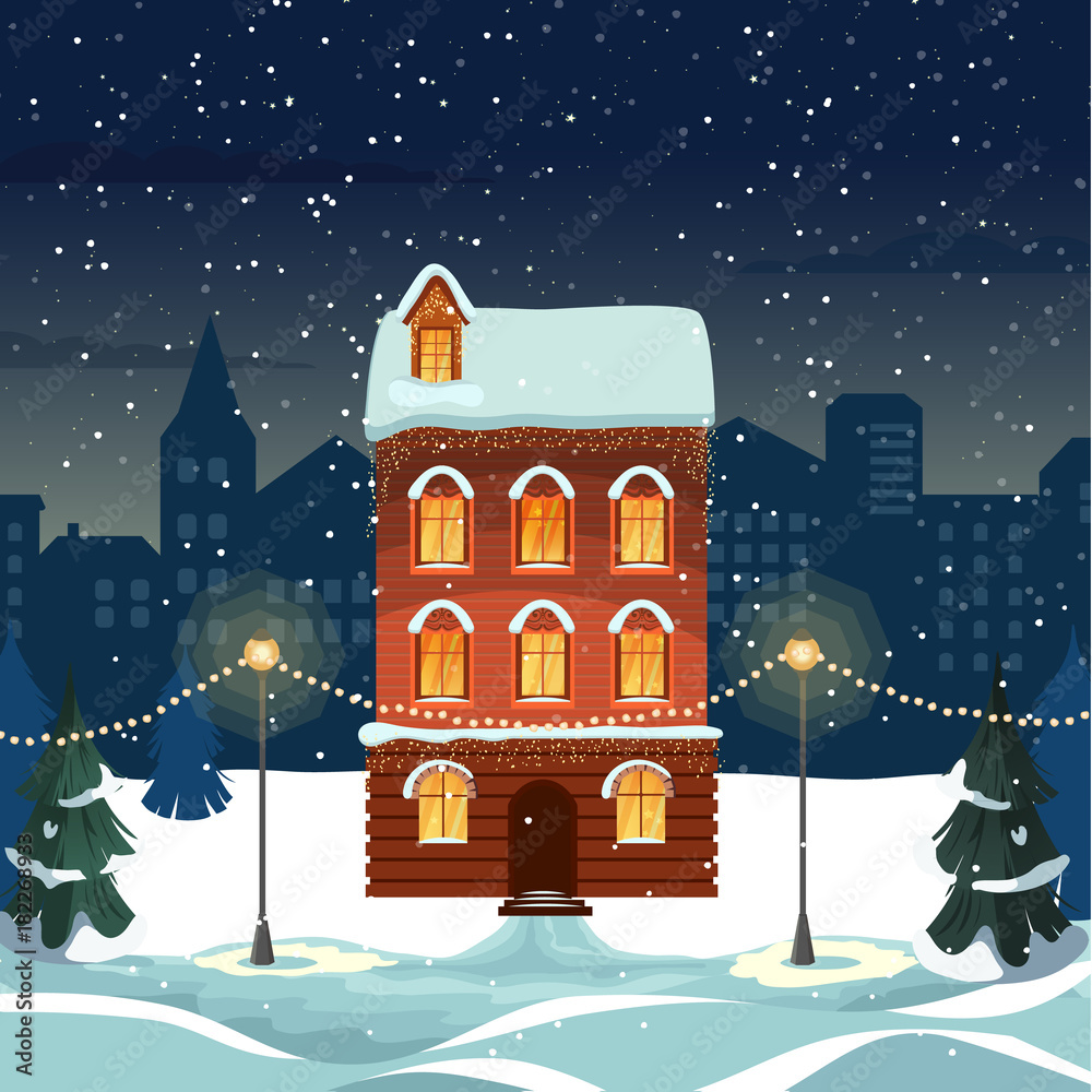 Naklejka premium Merry Christmas and Happy New Year snowy city Background with Winter City Landscape. cozy house and trees. Christmas eve in old town. Christmas greeting card background poster. Vector illustration